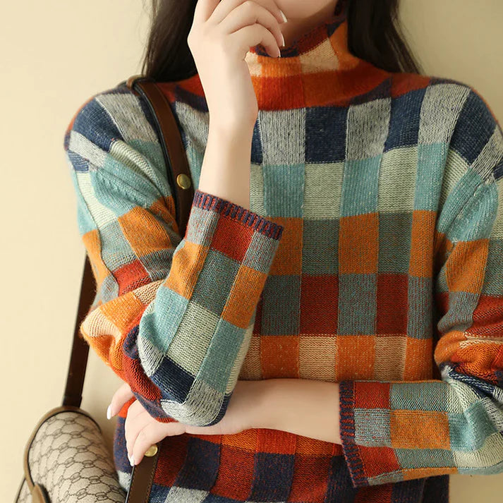 Adalynn - Bunter Rollkragenpullover mit Patchwork-Strickmuster