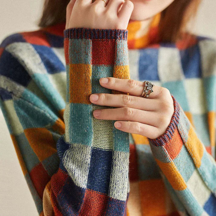 Adalynn - Bunter Rollkragenpullover mit Patchwork-Strickmuster