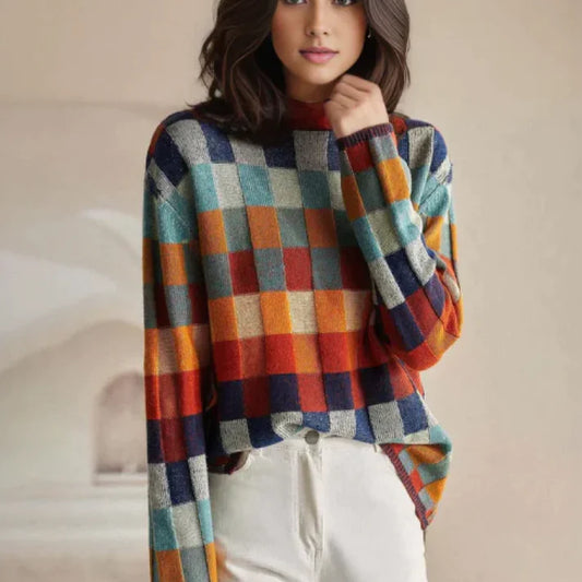 Adalynn - Bunter Rollkragenpullover mit Patchwork-Strickmuster