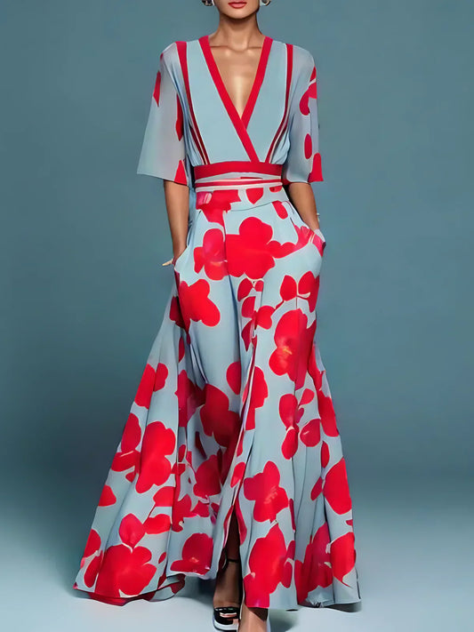 Tiana - V-Ausschnitt Blumenkleid Maxi